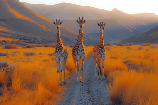 A trio of giraffes stroll along a dusty desert road surrounded by a plant community under the vast sky, showcasing the beauty of natural landscapes