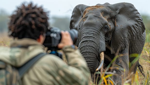 A man is capturing the working animal, Elephant, in its natural landscape. The elephant shows a gesture while standing next to a tree with wrinkled skin