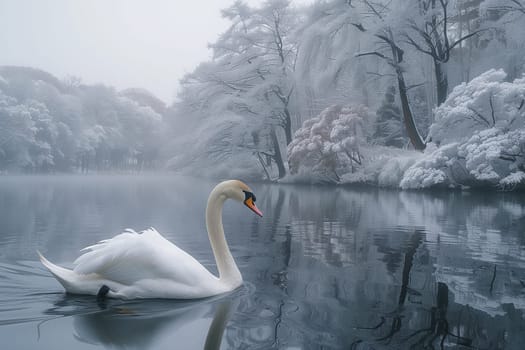 A bird with a beak, the swan, gracefully swims on the liquid water of a lake, surrounded by snowcovered trees in a serene natural landscape