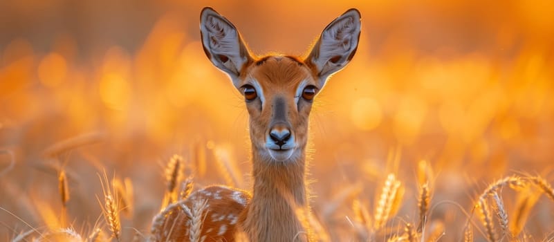 A deer with a fawn standing in a field of tall grass, their heads turned towards the camera, in their natural environment of a beautiful natural landscape