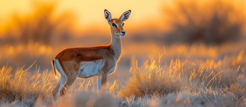 A whitetailed deer peacefully stands in a grassy prairie at sunset, blending into the natural landscape as its tail flickers in the warm breeze