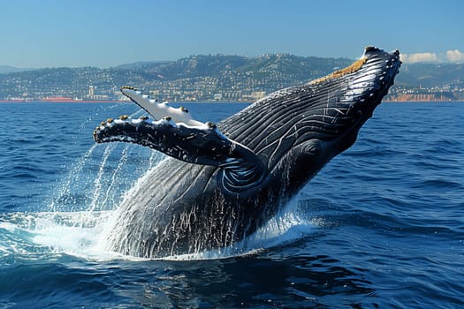 In a majestic display of marine biology, a humpback whale breaches the water, its massive fin cutting through the fluid like a sculpted masterpiece under the open sky