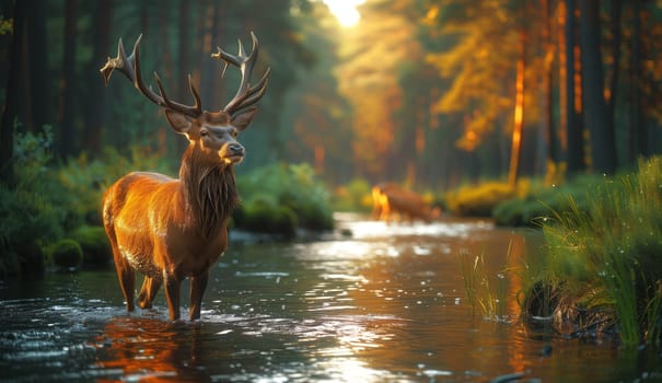 A deer is peacefully standing in the water of a forest river, surrounded by lush plants and a picturesque natural landscape