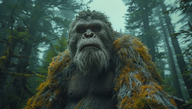 A primate with fur and a beard is standing in the middle of a dense forest, surrounded by trees, grass, and other terrestrial plants and animals