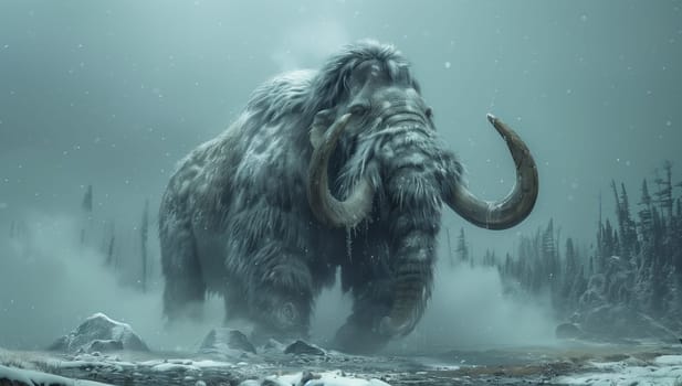 A mammoth, a terrestrial animal from the Ice Age, is trekking through the snowy woods, its snout leaving impressions in the landscape