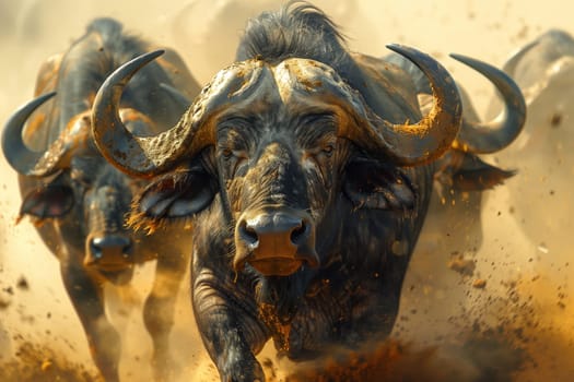 A herd of water buffalo, a working animal, running through the dirt in a visual arts event. Their symmetrical forms resembling sculptures in metal