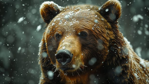 A carnivorous Kodiak bear, a terrestrial animal with a snout, is standing in the snow. Its brown fur contrasts with the white landscape as it looks at the camera
