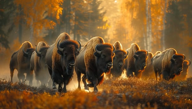 A group of bison galloping through a grassland at sunset, creating a picturesque scene resembling a painting in the natural landscape