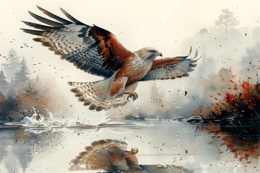 An Accipitridae bird, possibly belonging to the Falconiformes order, soaring gracefully over the glistening water, captured in a stunning piece of nature art