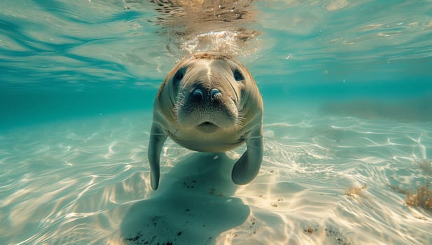 A marine mammal, the dugong, is gracefully swimming underwater in the fluid environment of the ocean while gazing at the camera