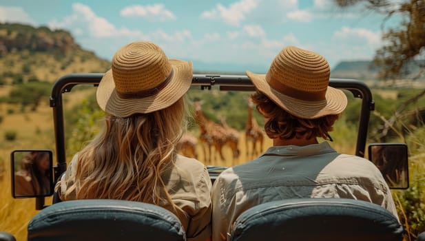A man and a woman are sitting in a vehicle, admiring giraffes while wearing sun hats. The sky is filled with clouds, and trees and plants dot the landscape