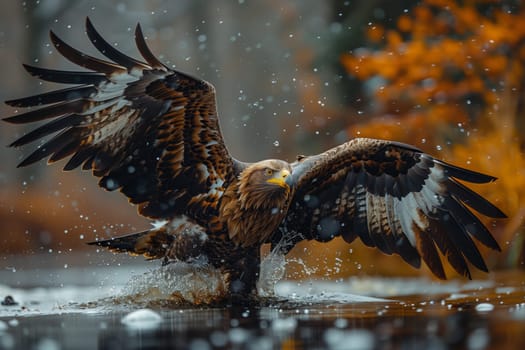A majestic bald eagle, a bird of prey belonging to the Accipitridae family in the Falconiformes order, stands in the water with its wings spread