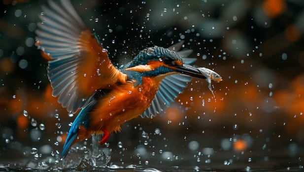 A bird with electric blue feathers is captured in a macro photography event, flying over water with a fish in its beak