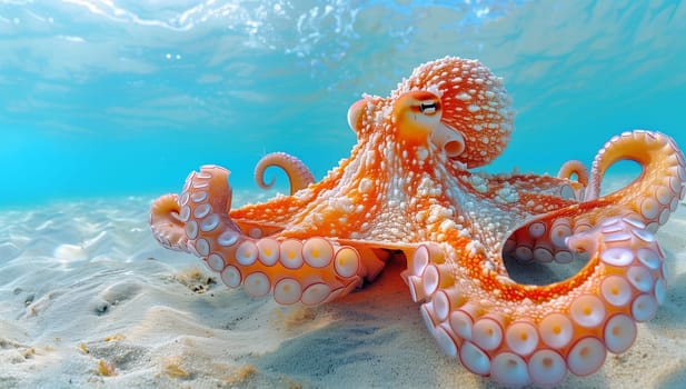 An organism from marine invertebrates, the octopus, is gracefully sitting on the sand underwater in the azure fluid of the ocean