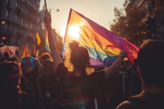 A crowd of people with a flag of the LGBT community in the sun. Concept of equality, freedom, right.