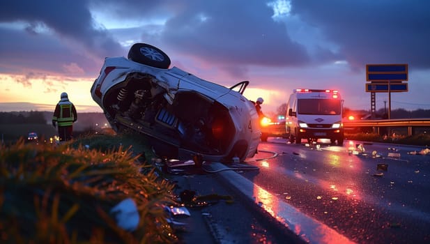 A vehicle has flipped over on the side of the road, with its automotive tires pointing towards the sky and its automotive lighting still on