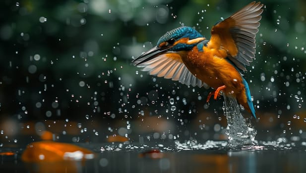 An electric blue bird with outstretched wings and a long tail is elegantly soaring over the shimmering liquid surface of a body of water