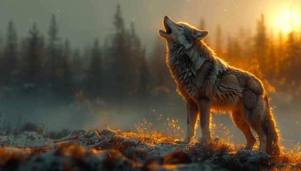 A carnivorous wolf, a terrestrial animal and dog breed, is howling at the sun in the natural landscape of the woods, near a tree, its tail raised