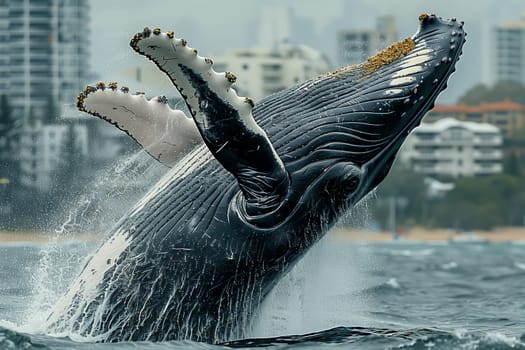 A humpback whale, a majestic marine mammal, is breaching out of the liquid element known as water, showcasing its impressive fin and tail