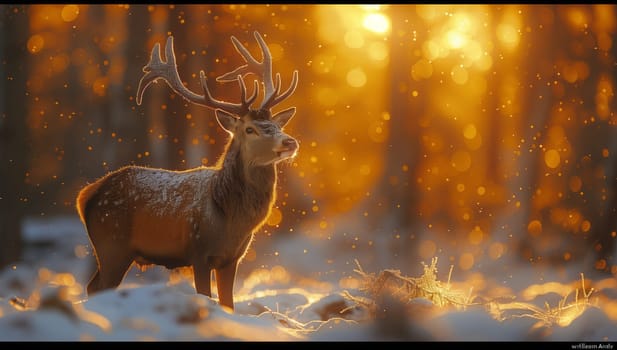 A fawn is gracefully standing in the snowy woods during sunset, creating a stunning natural landscape that could be a scene in a painting showcasing terrestrial wildlife