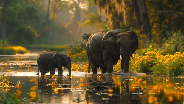 Two elephants are enjoying the water near a river, surrounded by lush green grass and beautiful natural landscape