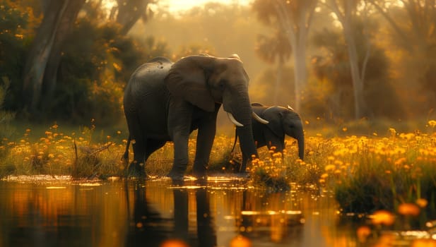 Two Indian elephants are quenching their thirst by drinking water from a river in their natural ecoregion. These majestic animals are important organisms in the natural landscape as working animals