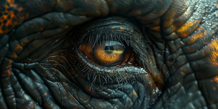 A macro photo of a reptiles eye with a yellow pupil, resembling a closeup of a dragons eye. The intricate scales and detail of the eye are visible, giving an intense and mysterious impression