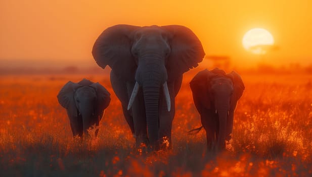 Three elephants are peacefully grazing in a grassy field under the orange and fawncolored sky of a beautiful sunset, creating a serene atmosphere in the natural landscape