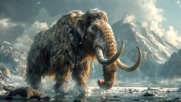 A terrestrial animal, the mammoth is walking on a frozen river in the mountains, creating a spectacular scene in the natural landscape