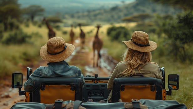 A man and a woman are sitting in a jeep wearing sun hats, admiring giraffes in the natural landscape. They are surrounded by nature and experiencing the beauty of working animals in a safari setting