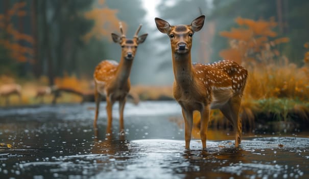 Two deer standing in the water, gazing at the camera in a natural landscape. They are terrestrial animals adapting to the grassland wildlife