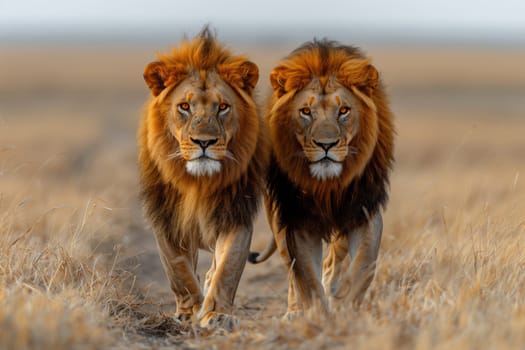 Two Felidae, carnivorous big cats with whiskers and snouts, are strolling together in a natural landscape field surrounded by grass, resembling a pair of majestic lions