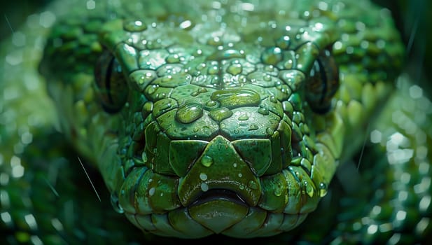 A close up of a green snakes face with water drops on it, showcasing the intricate symmetry of a terrestrial animal in the jungle, captured through macro photography