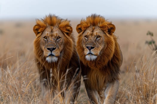 Two big cats from the Felidae family with whiskers are walking in a grassland ecoregion filled with tall grass, searching for prey like a fawn
