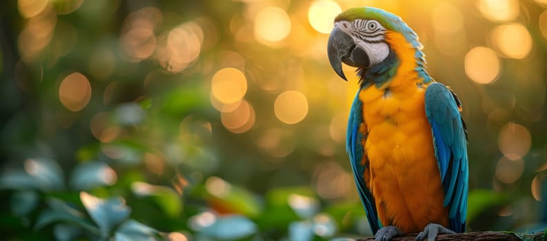A vibrant parrot with colorful feathers is perched on a branch in the jungle, showcasing its sharp beak, bright eye, and beautiful wing and tail feathers