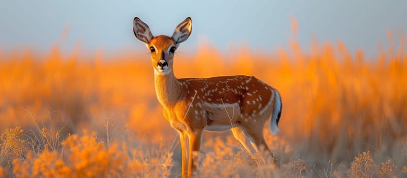 A deer, a terrestrial animal, stands in a natural landscape of tall grass. The grassland is the perfect environment for the deers adaptation, as it grazes peacefully with its tail swaying