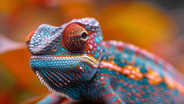 A stunning electric blue chameleon, a terrestrial reptile, is perched on a branch, staring directly at the camera in a captivating closeup shot showcasing its intricate scales and mesmerizing eye
