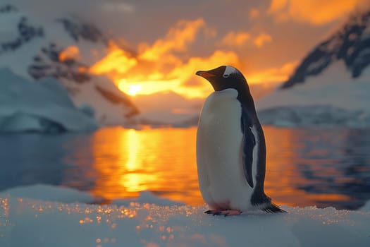 An Adlie penguin stands on ice in the water at sunset, against a backdrop of a colorful sky with clouds. It is a beautiful natural landscape with a cute bird enjoying the view