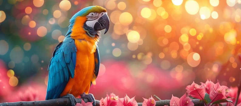 A vibrant parrot with electric blue feathers is perched on a branch amidst pink flowers. Its colorful beak and wings stand out in the scene, captured in stunning detail through macro photography