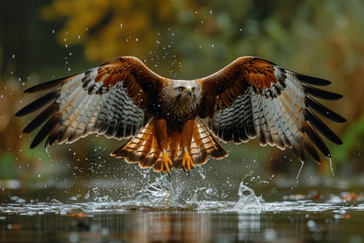 A bird of prey from the Accipitridae family, possibly a falcon or eagle, is soaring over a body of water with its wings spread, showcasing its majestic feathers and sharp beak