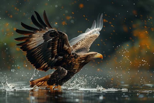 A Bird of prey, specifically a bald eagle from the family Accipitridae and order Accipitriformes, is gliding over a body of water with its beak and feathers elegantly reflecting in the fluid below