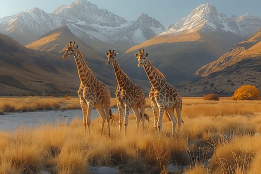 Three Giraffes, members of the Giraffidae family, stand together in a grassland with mountains in the background, under a beautiful sky