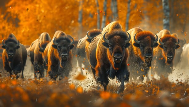 A group of bison are charging through a wooded area, with their powerful bodies and impressive horns creating a striking scene in the natural landscape