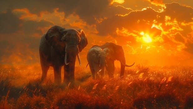 Two elephants graze peacefully in the grassland as the sun sets, painting the sky with a beautiful array of colors, creating a serene atmosphere in the natural landscape
