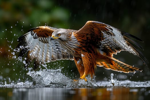 A bird from the Accipitridae family is flying over a body of liquid with a fish in its beak. The carnivore uses its sharp beak to catch prey in the natural landscape