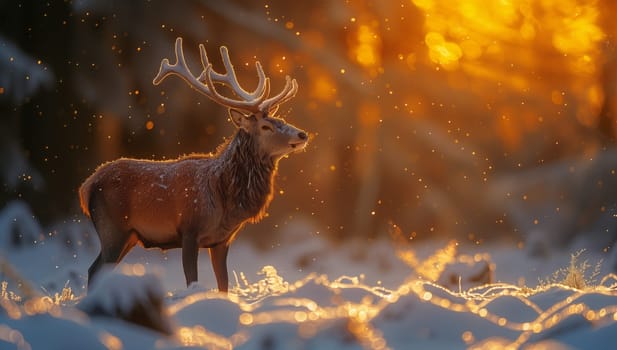 A majestic deer, a terrestrial animal, stands gracefully in the snow in front of a Christmas tree, creating a beautiful wildlife painting in a natural landscape