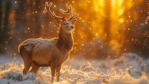 A majestic deer with antlers is gracefully standing in the snowcovered forest, blending into the picturesque natural landscape