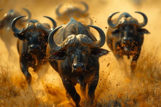 A group of buffalo, including bulls with horns and snouts, are charging across a natural landscape as terrestrial animals in their natural environment