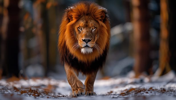 A Masai lion, a member of the Felidae family and a carnivorous terrestrial animal with a mane, whiskers, and sharp teeth, prowls through the snowy forest in search of prey like a fawn or a liver