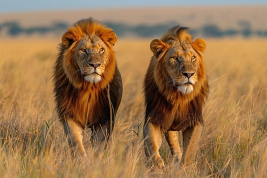 Two lions, members of the Felidae family, roam an Ecoregion grassland, showcasing their adaptation as terrestrial carnivores with distinctive snouts in the natural landscape